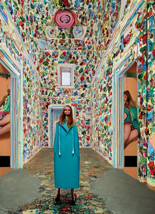 Prompt: a beautiful girl in a gucci outfit is manifesting a new city, mini magic city, hidden doors with secret surprises, magical details, high detail, 8 k, perfect faces, photographed by maurizio cattelan and pierpaolo ferrari, and petra collins