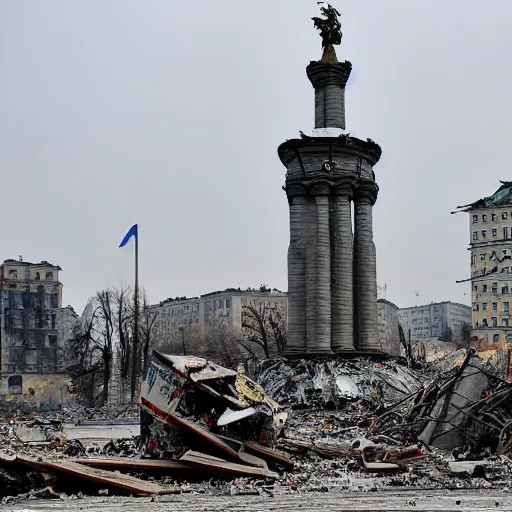 Image similar to the coat of arms of ukraine, against the background of the destroyed city