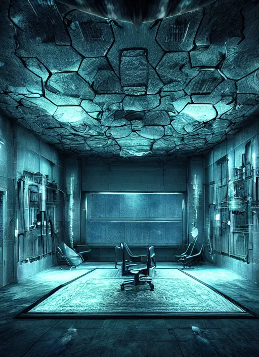 Image similar to cinematic shot epic cyberroom, hyper realistic, mood lighting, fantasy, detailed creations, highly detailed, super realistic, perfect lighting pixel sorting, style sheet