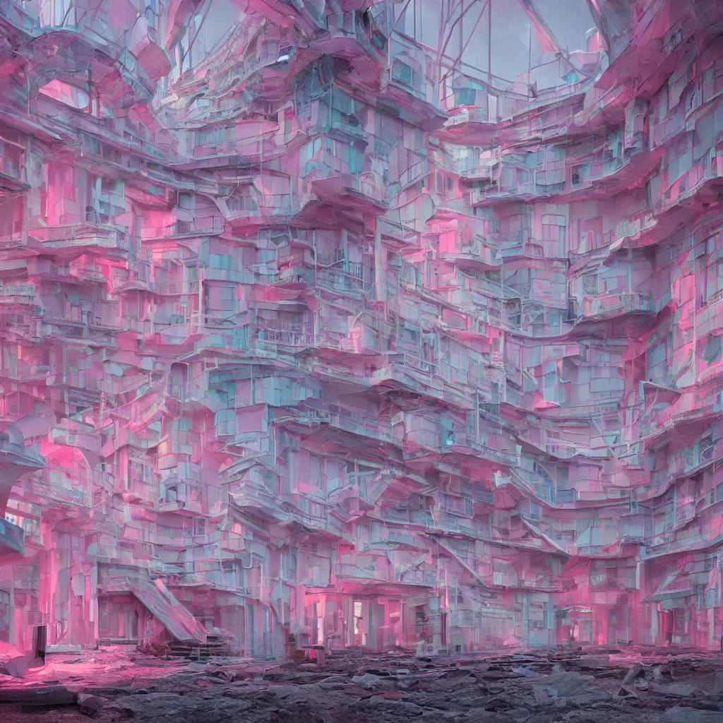 Prompt: biomaterial, architecture, futuristic, neon, pastel colors, hd 8 k, digital design, attention to details, abandoned, grand budapest hotel