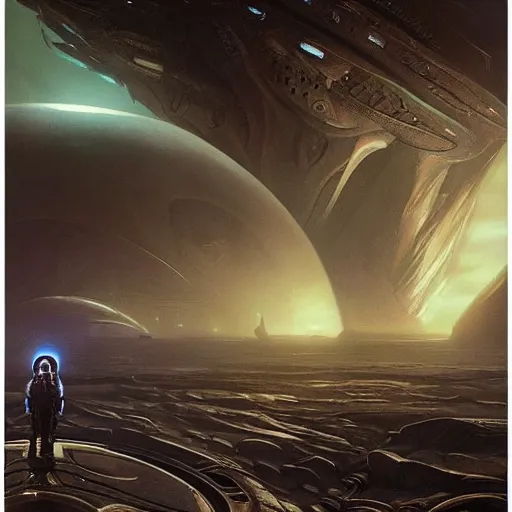 Image similar to An advanced alien civilization, Prometheus, Dune, cinematic lighting, cinematic, concept art, 4k, detailed, award-winning, by Alphone Mucha, Greg Rutkowski, James Gurney