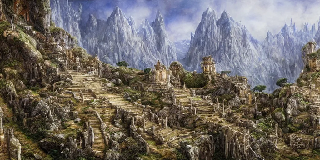 Image similar to an elven city built into the side of a cliff, pristine, by alan lee, lord of the rings, smooth, detailed terrain, oil painting, extremely detailed matte painting, trending on artstation