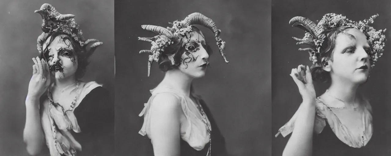 Image similar to 1920s portrait photography of a woman transforming into a monster, edelweiss growing out of his face, goat horns on his head