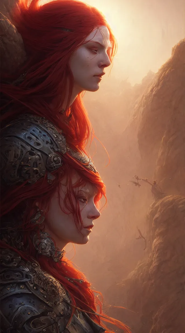 Image similar to highly detailed portrait of a warrior redhead woman, elden ring, stephen bliss, fantasy art by greg rutkowski, loish, rhads, ferdinand knab, makoto shinkai and lois van baarle, ilya kuvshinov, rossdraws, tom bagshaw, global illumination, radiant light, detailed and intricate environment