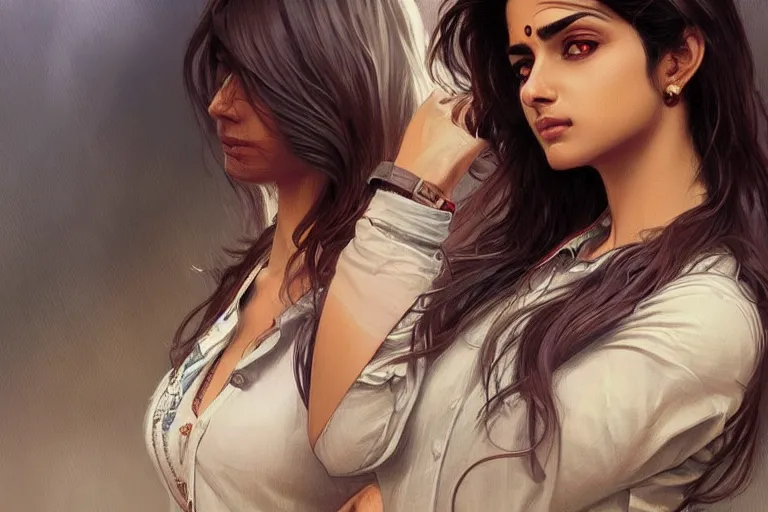 Image similar to Sensual good looking pale young Indian doctors wearing jeans in an airport, portrait, elegant, intricate, digital painting, artstation, concept art, smooth, sharp focus, illustration, art by artgerm and greg rutkowski and alphonse mucha