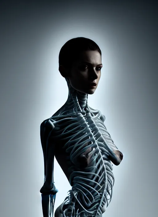 Image similar to cinematic moody portrait female posing statuesque figure x - ray, skeletal, glowing veins under translucent skin, highly detailed skin, sigma 8 5 mm 1. 8, bouquet of daggers, windy, stormy sky, bioluminescent, plasma, greg rutkowski, 8 k trending on artstation,