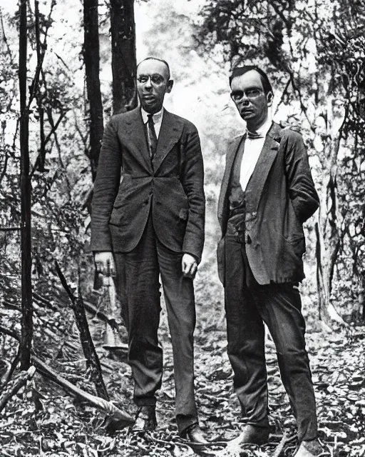 Prompt: close - up of edgar cayce and aldous huxley in a forest, epic hyper detailed award winning color portrait photography