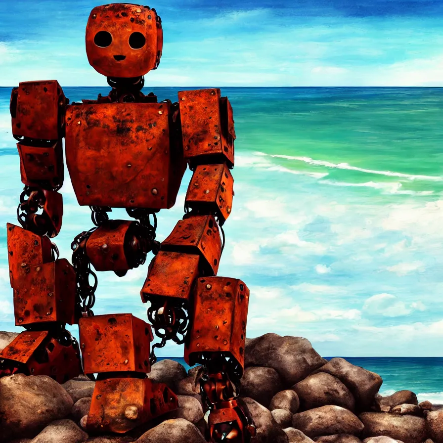 Prompt: a very large rusting humanoid robot is sitting against some rocks on a deserted beach. ocean in the background. it's nighttime and the sky is cloudy. paining, futurism, detailed, illustrated,