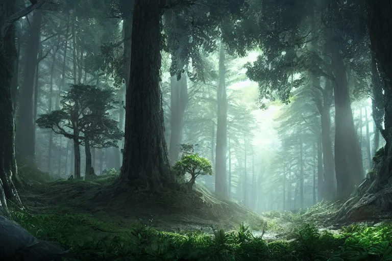 Prompt: A beautiful hyper realistic detailed matte painting of the inside deep forest with high trees, bushes of blueberry, dynamic lighting, cinematic lighting, lit by morning light, unreal engine, featured on artstation