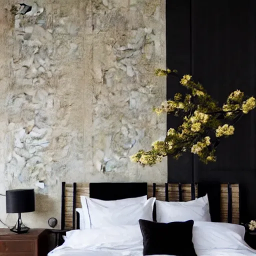 Image similar to bedroom, stone, interior design, stylish luxury hotel bedroom design, yakisugi, black vertical slatted timber, textures, feminine, black walls, art, Japanese pottery vase with flowers, kakejiku, seasonal, Japanese influences