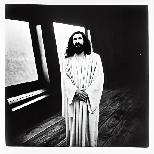 Image similar to photo of Jesus Christ by Diane Arbus, black and white, high contrast, Rolleiflex, 55mm f/4 lens