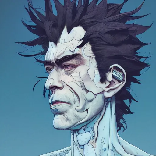 Image similar to 9 5 5 5 rick sanchez portrait by and james jean and katsuhiro otomo and erik jones, inspired by ghost in the shell anime, beautiful fine face features, intricate high details, sharp, ultradetailed, 3 d octane render