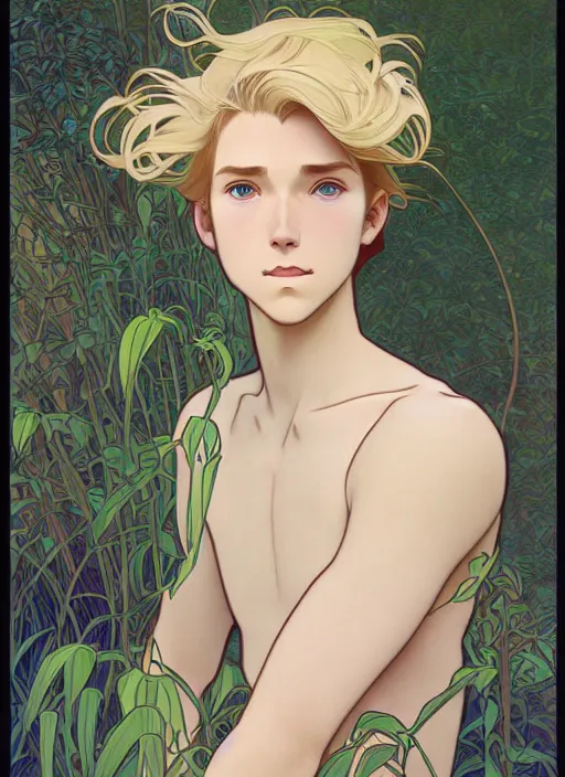 Image similar to pretty young man with shoulder length blond hair, male, half body shot, path traced, highly detailed, high quality, digital painting, by studio ghibli and alphonse mucha, leesha hannigan, hidari, art nouveau, chiho aoshima, posuka demizu