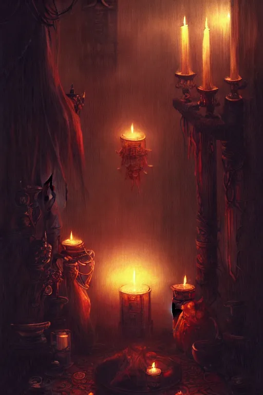 Prompt: dreamy dark hall with candles and dripping wax. beautiful intricately detailed japanese artwork, fantasy art by bayard wu, trending on artstation, epic, shine