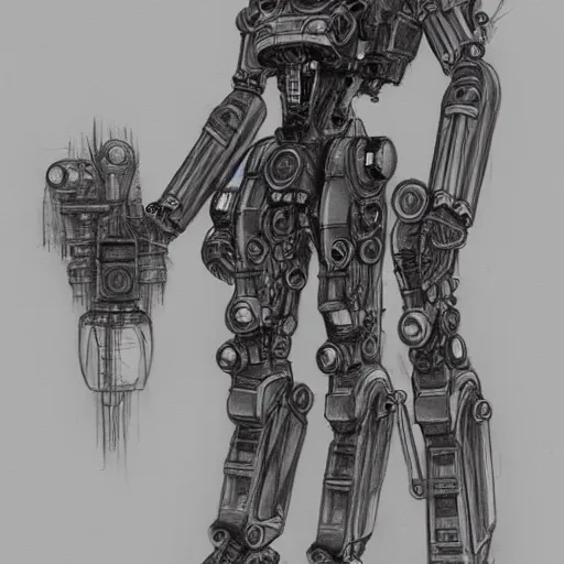 Prompt: steampunk humanoid mech, pencil sketch, concept art