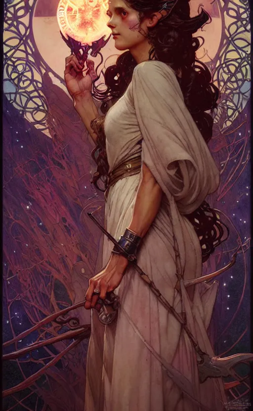 Image similar to magical witch gorgeous lighting by weta studio, mucha, bautista and norman rockwell and greg rutkowski and tom bagshaw and james gurney and lucasfilm