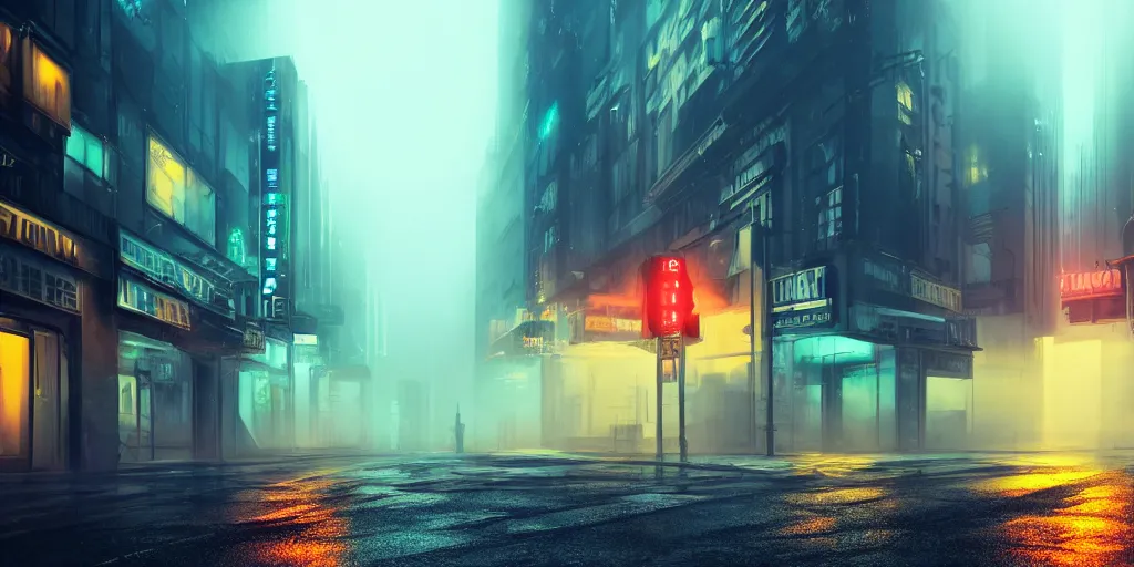 Image similar to deserted narrow cyberpunkstyle city street, fog, rain, neon sign, volumetric lighting, beautiful, golden hour, sharp focus, ultra detailed, cgsociety
