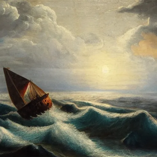Prompt: a shipwreck is surfacing at sea, oil on canvas, chiaroscuro