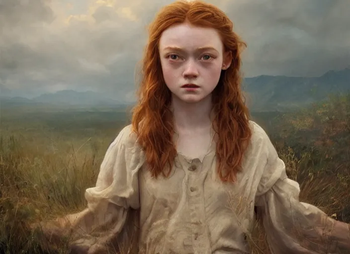 Image similar to sadie sink the real god, watching the earth. epic cinematic hyperrealism masterpiece. realistic poster with shaded lighting by craig mallismo, artgerm, jeremy lipkin and michael garmash, unreal engine, radiant light, detailed and complex environment, octane photoreal 3 d render, art station trends