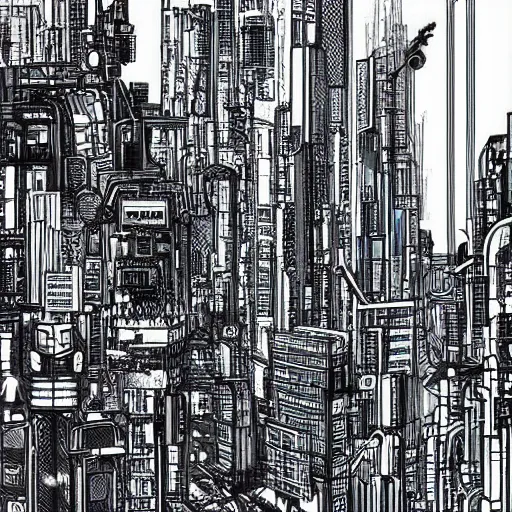 Image similar to cyberpunk cityscape drawn by david mckean