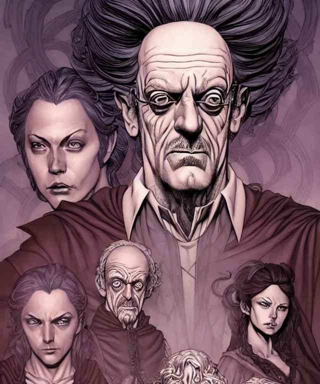 Prompt: a ( fantasy comic ) ( cover art ) portrait of an insane sorcerer who looks like ( christopher lloyd ), digital illustration by jenny frison and sana takeda and kentaro miura, fine inking lines, dnd, highly detailed!, hd, 4 k, trending on artstation