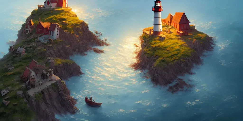 Image similar to Cozy small fantasy village on a cape with a lighthouse, fishing boats, view from above. In style of Greg Rutkowski, Jesper Ejsing, Makoto Shinkai, trending on ArtStation, fantasy, great composition, concept art, highly detailed, scenery, 8K, Behance.