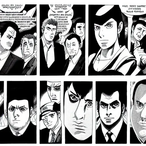 Prompt: The Sopranos created by Kishimoto pen and ink Manga panel action sequence