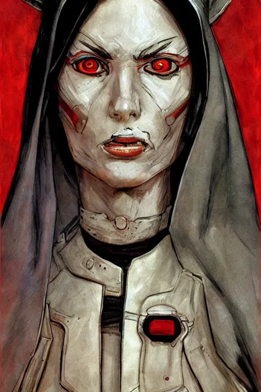 Image similar to portrait fashion model cyborg nun artwork by enki bilal