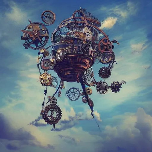 Image similar to flying city in a mechanical flower, sky, steampunk!, fantasy art, steampunk, masterpiece, octane