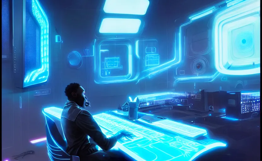 Prompt: handsome black genius hacking the metaverse, holographic keyboard, curved digital displays, urban interior, electric blue glowing lights, highly detailed, digital painting, artstation, concept art, smooth, sharp focus, illustration, art by wlop, mars ravelo and greg rutkowski