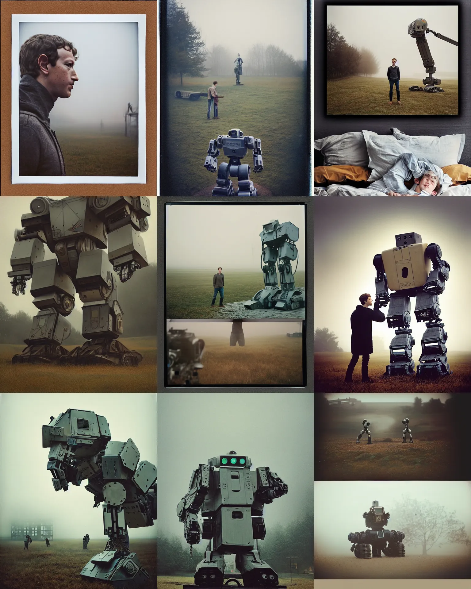 Prompt: giant oversized mark zuckerberg head battle robot mech on a village, Cinematic focus, Polaroid photo, vintage, neutral colors, soft lights, foggy, by Steve Hanks, by Serov Valentin, by lisa yuskavage, by Andrei Tarkovsky