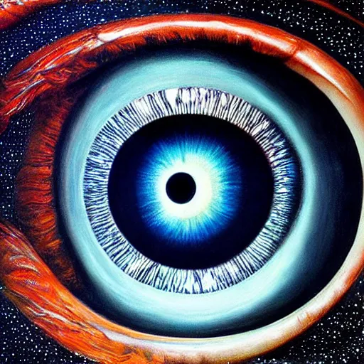 Image similar to a highly detailed photorealistic painting of a human eye reflecting outer space