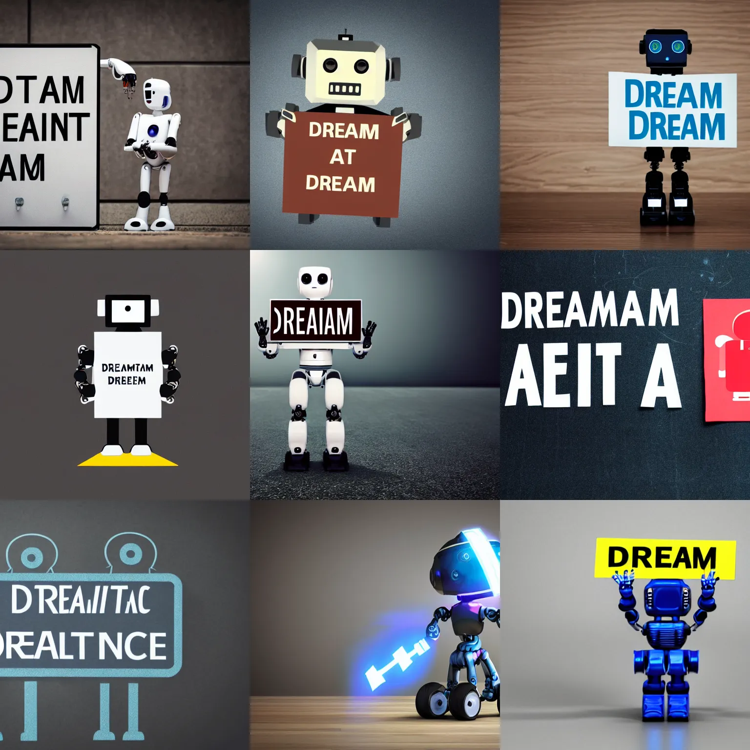 Image similar to artificial intelligence robot holding a sign with text that reads : dream