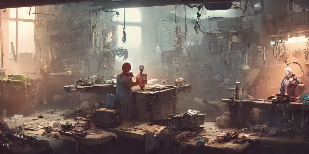 Prompt: an environmental concept art of an elderly woman cyberneticist in a cluttered workshop, surgical implements, surgery theatre, robotic arm, blood spatter, highly detailed, cinematic, dramatic, cyberpunk, dieselpunk, scifi space station, horror, ( bladerunner 2 0 4 9, cyberpunk 2 0 7 7 )