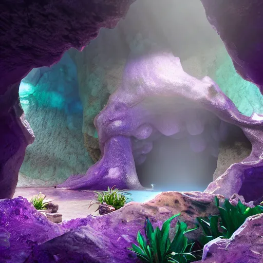 Prompt: inside an amethyst cave with a hot spring, highly detailed, 4k, HDR, award-winning, artstation, octane render