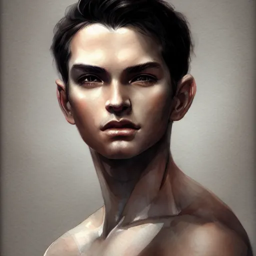 Image similar to young boy, black hair, light muscles, gorgeous, amazing, delicate, elegant, intricate, highly detailed, watercolor, portrait, artstation, concept art, sharp focus, illustration, art by charlie bowater and Ross tran