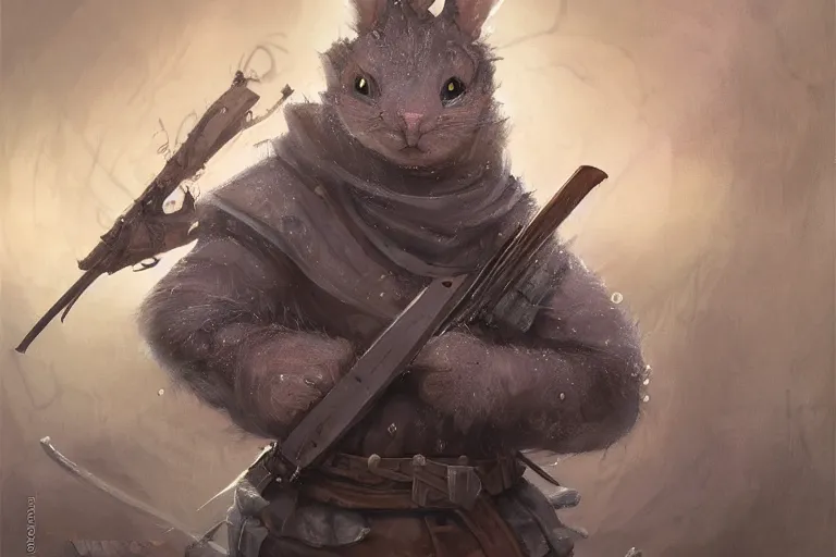 Image similar to dungeons and dragons fantasy painting, portrait of an ashigaru mouse with a rifle, whimsical and cute, determined expression, watery eyes, anime inspired by krenz cushart, light grey fur, tufty whiskers, bamboo forest, dawn lighting, by brian froud jessica rossier and greg rutkowski