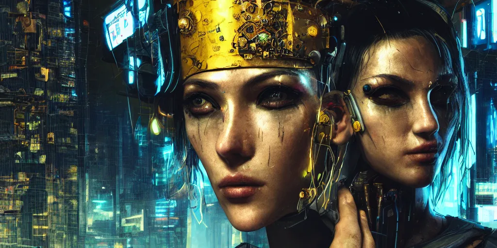 Image similar to realistic portrait of the cyberpunk punk with golden black crown and pretty eyes, ultra realistic, 8k