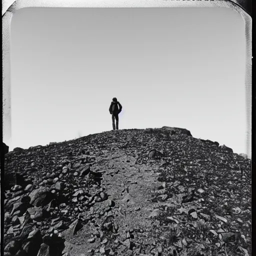 Image similar to A medium-format black-and-white photo shot on expired film, of the last thing a hiker saw before disappearing forever, 1976