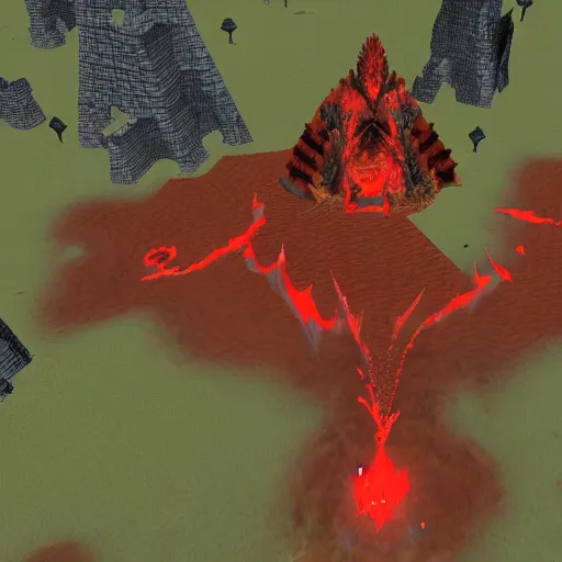 Image similar to TzKal-Zuk at the Inferno, old school runescape, lava river, magma, large shield of magma, obsidian pillars