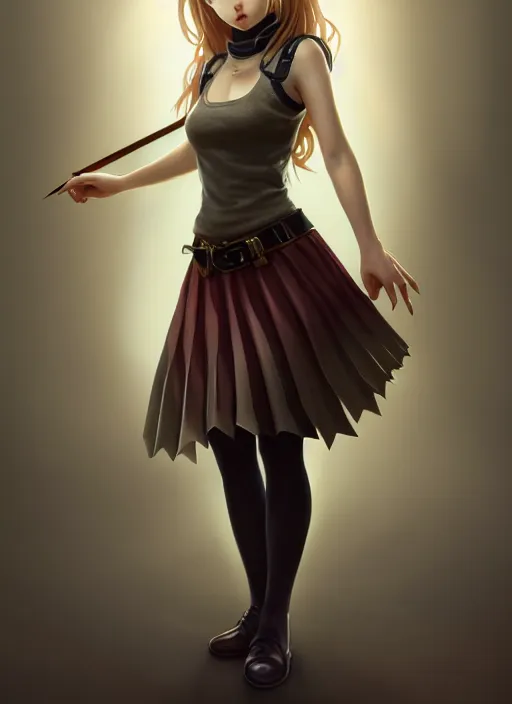 Image similar to portrait of a full body of beautiful young female detective, d & d, sleeveless turtleneck, pleated skirt, fantasy, flat lighting, intricate, highly detailed, digital painting, artstation, concept art, smooth, sharp focus, illustration, misa amane, art by simon bisley and greg rutkowski and alphonse mucha, natural tpose