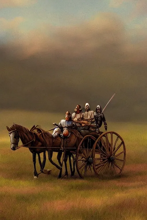 Image similar to a ( ( ( ( ( ( ( ( knight ) ) ) ) ) ) ) ) riding a wagon!!!!!!!!!!!!!! by chris mcgrath and greg rutowski, muted colors, detailed