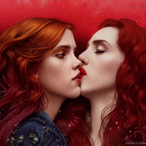 Image similar to a highly detailed portrait of scarlett johansson and emma watson and christina hendricks as polyamorous red haired vampire queens kissing in the rain and wearing a blood red dress, epic fantasy, viewed in profile from far away, ultrawide lens, art by artgerm and greg rutkowski and alphonse mucha, volumetric lighting, 4 k resolution, trending on artstation, masterpiece