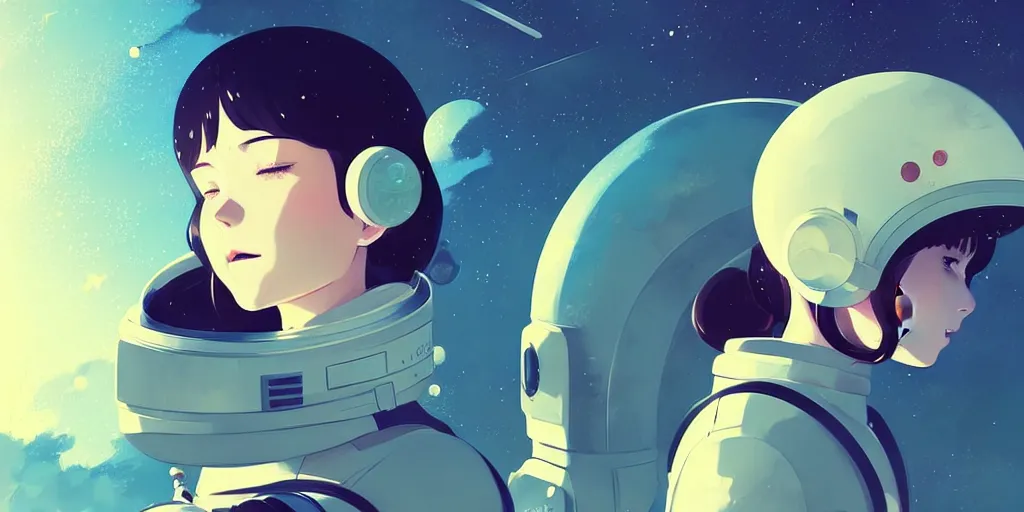 Image similar to portrait of a girl with astronaut helmets by ilya kuvshinov, cloudy sky background lush landscape ln illustration concept art anime key visual trending pixiv by victo ngai fanbox by greg rutkowski makoto shinkai takashi takeuchi studio ghibli