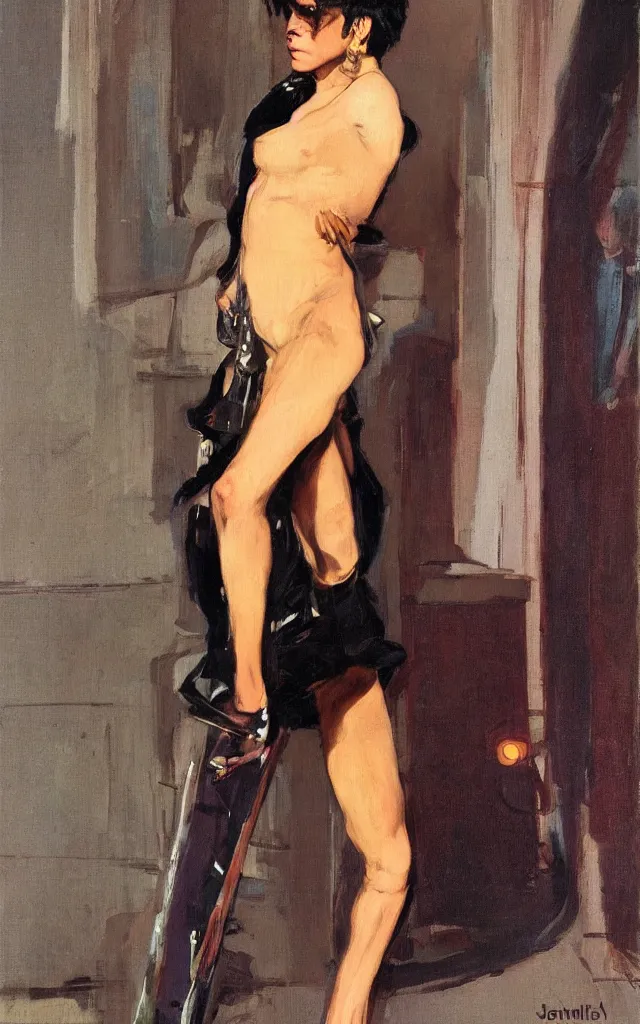 Image similar to full body portrait of an androgynous glam rocker in the style of syd mead and john william waterhouse