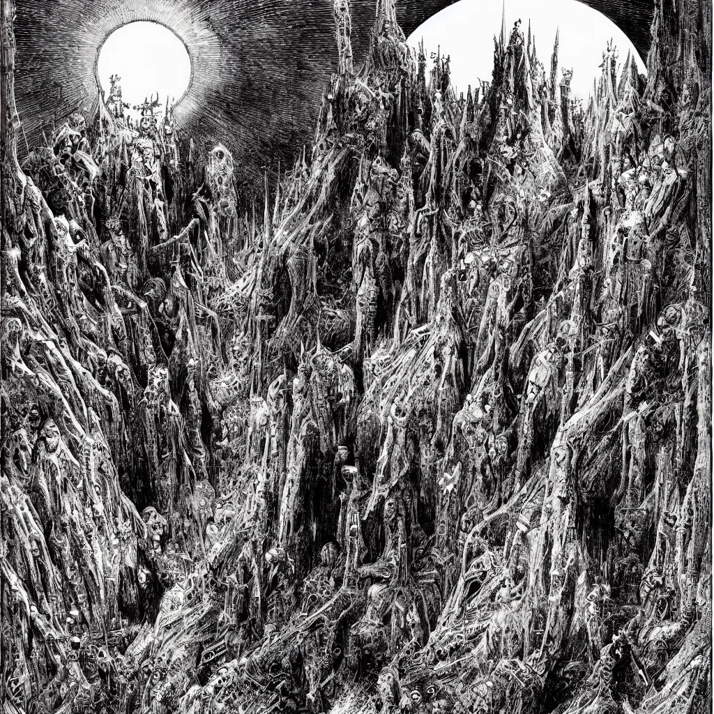 Prompt: hells gates by philippe druillet and gustave dore and much a and moebius and hieronymus bosch