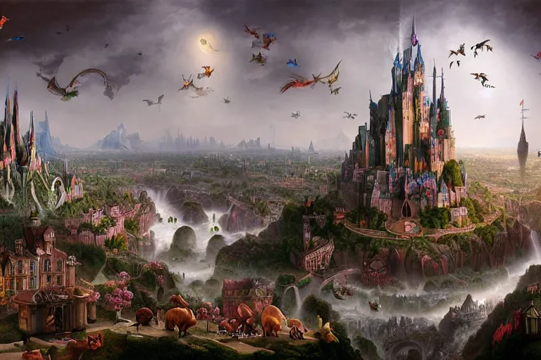 Prompt: a fantastic complex detailed matte painting of a magical city with many fanciful creatures by Heironymous Bosch