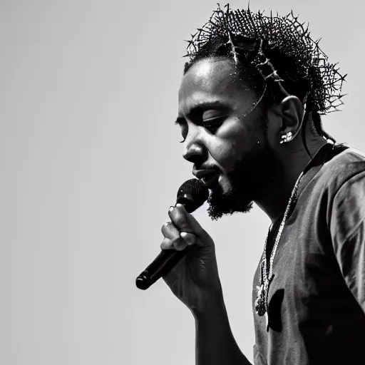 Prompt: A closeup photo of Kendrick Lamar wearing a crown of thorns with tears running down his eyes, 8K, black and white