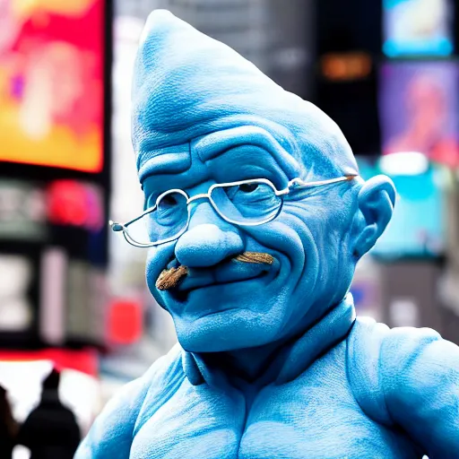 Image similar to a photograph of a very detailed renaissance sculpture of walter white as a smurf in times square, made by michelangelo, from the distance, hyper detailed, sharp focus, 8 k resolution, ray tracing