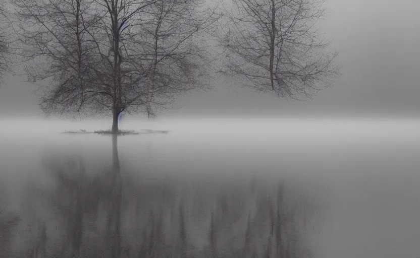 Image similar to lake by Andrei Tarkovsky, mist, fairytale, lomography effect, photo, monochrome, photo blurring, 35mm